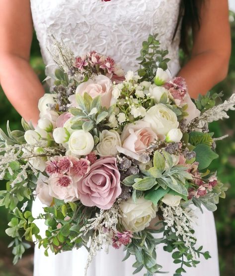 Blush Pink, Ivory, Grey and Muted Greenery Wild Style Silk Bridal Bouquet, Wedding Bouquet, Wedding Flowers, Artificial Bridal Bouquet - Etsy Dusty Pink Bouquet Wedding, Eucalyptus Wedding Bouquet, Sangeet Decor, Artificial Bridal Bouquets, Spring Wedding Color Palette, Simple Wedding Bouquets, Greenery Wedding Bouquet, Dusty Pink Weddings, Green Wedding Flowers