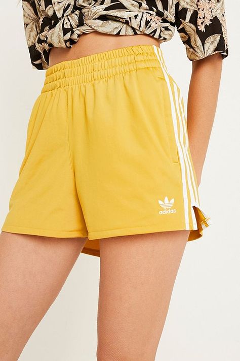 Slide View: 2: adidas Originals Yellow 3-Stripe Shorts Adidas Shorts Women Outfit, Adidas Shorts Women, Yellow Adidas, Ladies Shorts, Stripe Shorts, Cute Workout Outfits, Cute Lazy Outfits, Lazy Outfits, Adidas Outfit