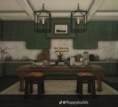 Bloxburg Kitchen Ideas Traditional, Bloxburg Rustic Kitchen Ideas, Bloxburg Kitchen Ideas Victorian, Bloxburg Dark Kitchen, Bloxburg Kitchen Green, Forest House Aesthetic Interior, Vintage Bloxburg Interior, Vintage Bloxburg Kitchen, Green Bloxburg Kitchen