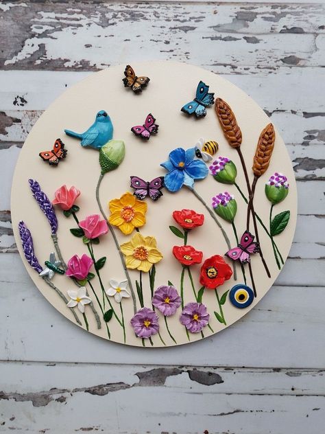 Clay Crafts Wall Hanging, Wall Hanging With Clay, Floral Clay Art, Wall Hanging Clay Art, Clay Art On Canvas, Clay Wall Hangings, Polymer Clay Wall Art, Sculpture Colorful, Glass Painting Patterns