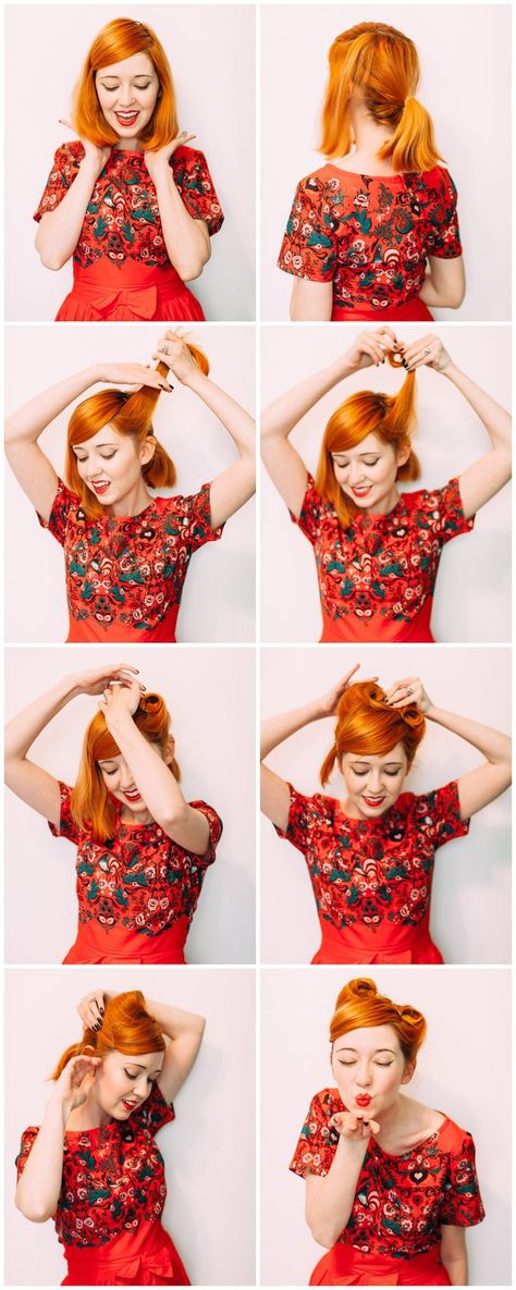 un tuto coiffure rockabilly facile et rapide étape par étape, comment réaliser des coques rétro dites victory rolls Updo Hacks, Victory Roll Hair, Cabelo Pin Up, Vintage Hairstyles For Long Hair, Rolls Easy, Vintage Hairstyles Tutorial, Up Hairdos, Easy Updo, Victory Rolls