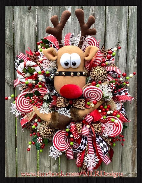 Rudolph Wreath Diy, Reindeer Wreaths Diy, Whimsical Christmas Wreaths, Rudolph Decorations, Rudolph Wreath, Lighted Christmas Wreath, Peppermint Wreath, Whimsy Christmas, Holiday Baubles