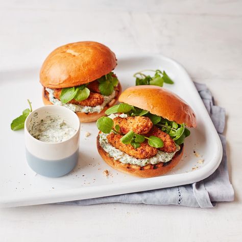 Fish Goujons with Tangy Homemade Tartare Sauce in Brioche Bun Recipe | Recipes from Ocado Fish Goujons, Tartare Sauce, Frozen Sweet Potato Fries, Brioche Bun, Steamed Fish, Salmon And Rice, Lemon Pasta, Bun Recipe, Brioche Buns