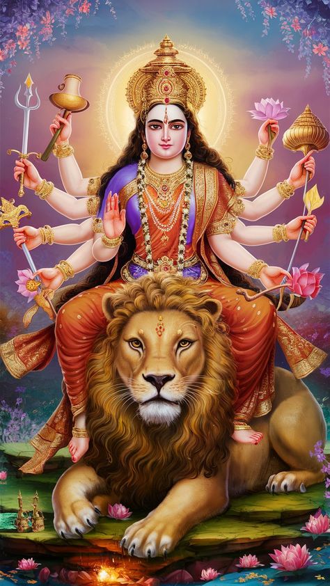 🌺 A stunning, intricately detailed portrait of the divine Hindu goddess Durga, seated majestically atop a powerful lion. Her eight arms are gracefully extended, each holding a symbolic object: a conch, discus, lotus, trident, sword, bow, arrow, and lotus flower. Durga's warm, radiant complexion contrasts beautifully with her vibrant red attire, adorned with exquisite gold jewellery. Her calm yet intense expression exudes a sense of peace and tranquillity. The background is a serene, colourful... Ma Durga Images Hd, Goddess Durga, Godess Durga Wallpapers, Durga On Lion, Maa Durga With Lion, Goddess Durga Hd Wallpaper, Navratri Devi Images, Goddess Kali Images, Lord Durga