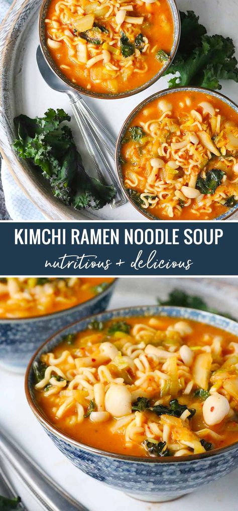 Koreansk Mad, Kimchi Noodles, Kimchi Ramen, Spicy Kimchi, Ramen Noodle Soup, Ramen Noodle Recipes, Kimchi Recipe, Ramen Soup, Dark Leafy Greens