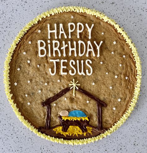 Baby Jesus Birthday Cake, Birthday Cake For Jesus Printable, Birthday Cake For Jesus Ideas, Nativity Cake Ideas, Cookie Cake Christmas Designs, Birthday Party For Jesus Ideas, Cookie Cake Christmas, Christmas Cookie Cake Ideas, Christmas Cookie Cake Decorating Ideas