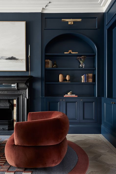 STREATHAM HILL VICTORIAN HOUSE — Blank Slate Studio Victorian House London, Autumn Ambiance, Cozy Fall Home, Handcrafted Dining Table, Dark Blue Living Room, Blue Interior Design, Victorian Living Room, Dark Blue Walls, Blue Office