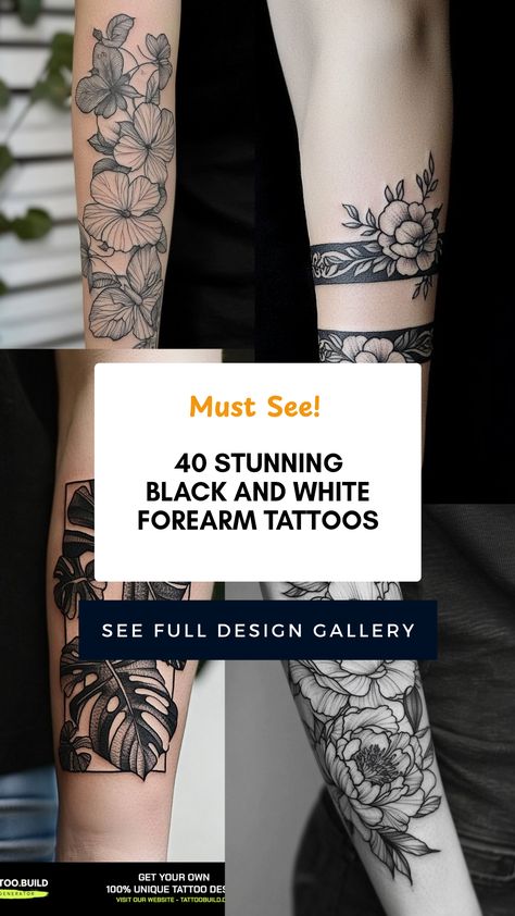 A captivating collection featuring 40 stylish black and white forearm tattoos, showcasing various designs ranging from minimalistic to intricate. Perfect for tattoo lovers looking for unique inspiration. Upper Forearm Tattoo Women, Outer Forearm Tattoo Women Unique, Forearm Women’s Tattoos, Vine Forearm Tattoo, Black And White Tattoo Designs, Black And White Tattoos, Black And White Tattoo, Outer Forearm Tattoo, Garter Tattoo