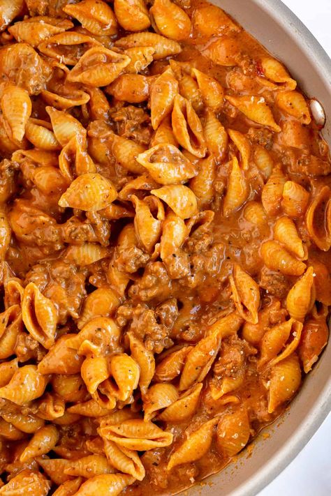 Tender shell pasta in a meaty, deliciously seasoned tomato cream sauce. Creamy Beef and Shells is an incredibly comforting skillet pasta recipe that is ready in 30 minutes, start to finish! #pasta #30minutemeal #easydinner #groundbeefrecipes #groundbeef Small Shell Pasta Recipes, Skillet Pasta Recipes, Creole Pasta, Creamy Beef And Shells, Easy Pasta Recipes Quick, Beef And Shells, Shell Pasta Recipes, Shell Pasta, Red Pasta