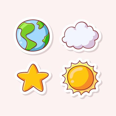 Diorama Kids, Cute Earth, Paw Drawing, Sun Drawing, Banner Drawing, Science Stickers, Cloud Stickers, Cute Sun, Scrapbook Stickers Printable