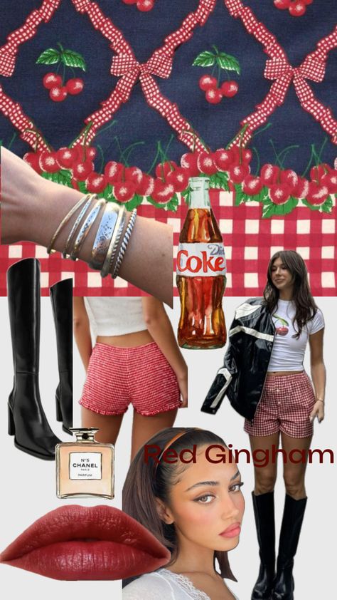 Gingham style shorts and leather Gingham Shorts Outfit, Gingham Shorts, Shorts Outfit, Red Gingham, Short Outfits, Gingham, Chanel, Outfit Inspo, Red