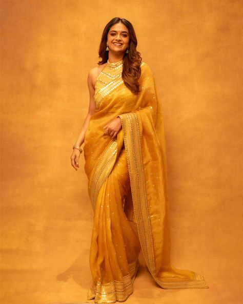 Mango Yellow Saree, Baby Pink Saree, Keerthi Suresh, Checks Saree, Keerthy Suresh, Organza Silk Saree, Saree Silk, Yellow Saree, Blue Saree