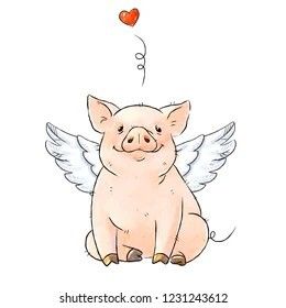 Flying Pig Illustration, Flying Pig Painting, Flying Pig Drawing, Flying Pig Tattoo, Flying Pigs Art, Cute Angel Wings, Pig Wings, Pig With Wings, Wings Clipart