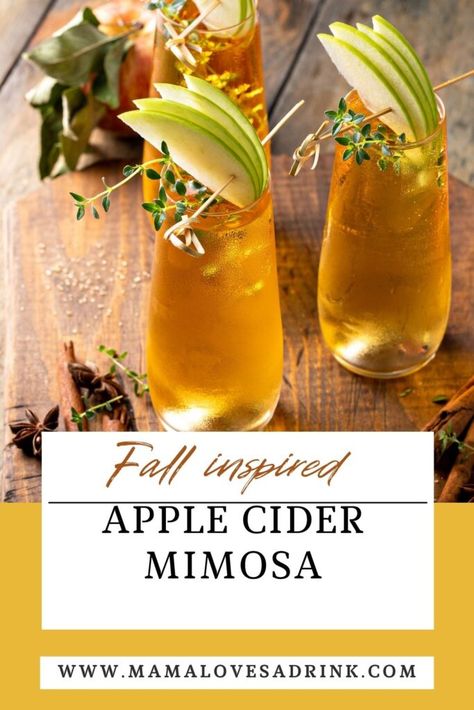 two tall glasses of apple cider mimosa cocktail decorared with slices of green apple and small leaves Mimosa Recipe Fall, Fall Mimosa, Mimosa Cocktail Recipes, Cider Mimosa, Apple Cider Mimosa, Mimosa Cocktail, Halloween Drink, Mimosa Recipe, Fall Drink