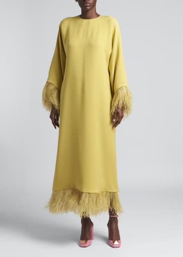 Elegant Dresses Classy Chic, Silk Caftan, Evening Wear Dresses, Kaftan Designs, Elegant Outfit Classy, Valentino Dress, Mode Abaya, Long Sleeve Gown, Feather Trim