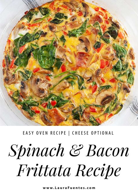 This bacon and spinach frittata recipe is an easy and delicious gourmet-looking meal you can whip up in minutes! Spinach Bacon Frittata, Dairy Free Frittata, Spinach Mushroom Frittata, Fritata Recipe, Spinach Frittata Recipes, Easy Oven Recipes, Luncheon Recipes, Bacon Frittata, Salad Spinach