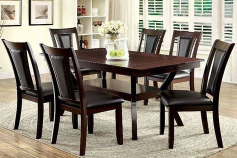 6 Seater Rectangular Wooden Dining Table with Wooden Shelf below, Cushioned Wooden Dining Chairs & Rug. Wood Dining Room Set, Solid Wood Chairs, Wooden Dining Chairs, Trestle Dining Tables, 7 Piece Dining Set, Dining Sets Modern, Upholstered Side Chair, Simplistic Design, Solid Wood Dining Table