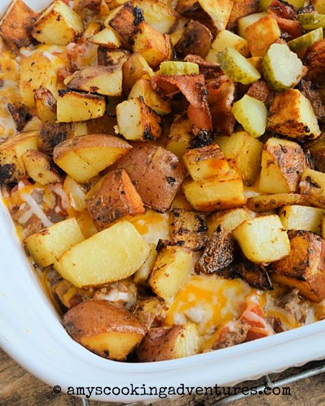 Deconstructed Bacon Cheeseburger Casserole #FantasticalFoodFight Bacon Cheeseburger Potato Casserole, Pan Fried Potatoes, Bacon Cheeseburger Casserole, Pickle Slices, Cheeseburger Casserole, Thick Cut Bacon, Bacon Cheeseburger, Diced Potatoes, 30 Minute Meals