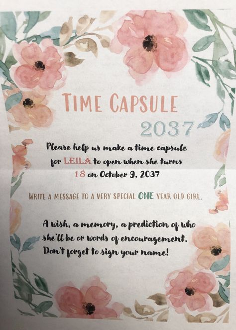 1st Birthday Advice Cards, One Year Time Capsule 1st Birthdays, Time Capsule Notes 1st Birthdays, First Birthday Note Time Capsule, What To Do For 1st Birthday, 1st Bday Time Capsule, First Birthday Letters For 18th Birthday, 1st Birthday Party Memory Ideas, Diy Time Capsule First Birthday