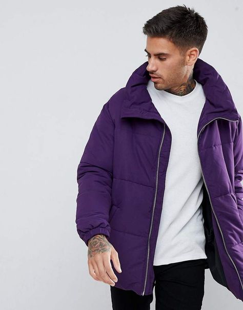 Pull&Bear Padded Jacket In Purple Purple Jacket Outfit, Oversized Puffer Jacket, Oversized Puffer, Outfits Hombre, Stylish Men Casual, Purple Outfits, Purple Jacket, Winter Outfits Men, Jacket Outfit