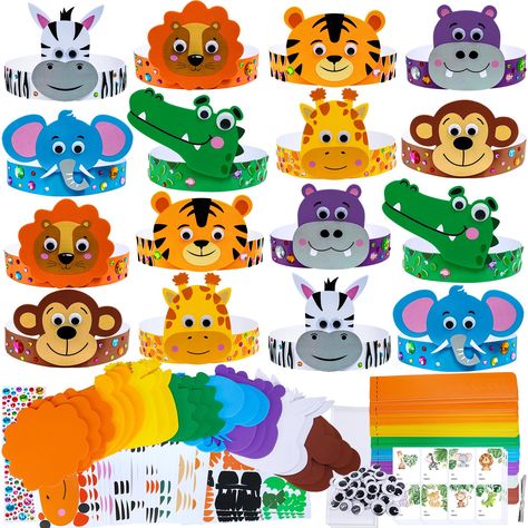 PRICES MAY VARY. 24 Jungle Animal Headbands Craft Kits: This kit provides materials to craft 24 peel-and-stick jungle animal headbands. Includes 24 cardstock headband bases, 48 adjustable strips, 24 foam bases in 6 jungle animal shapes (tigers, lions, monkeys, zebras, hippos, giraffes, elephants, and alligators), matching 24 sets paper face stickers, 24 sets foam animal-feature stickers. 48 googly eyes, 200 adhesive dots, 2 jewel stickers sheets, 24 treat bags, 24 twist ties, 24 gift stickers, 2 Jungle Theme Crafts, Animal Headbands, Zoo Animal Party, Foam Stickers, Jungle Safari Birthday, Crown Art, Headband Crafts, Jungle Cruise, Vbs 2024