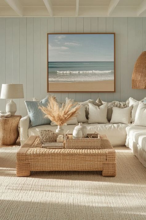 A serene room styled with coastal neutrals promoting a breezy and inviting home decor aesthetic using one image. Interior Design Coastal, Calming Coastal, Sand Sea, Woven Baskets, Reflective Surfaces, Neutral Palette, Beach Themed, Neutral Colour Palette, Coastal Living