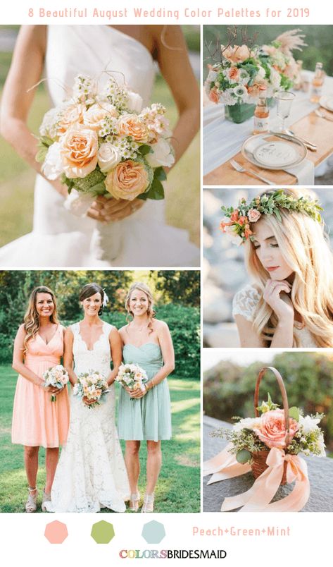 8 Beautiful August Wedding Color Palettes for 2019 -No.4 Peach, Green and Mint #colsbm #bridesmaids #weddings #weddingideas #summerweddding b950 August Wedding Colors, Spring Wedding Outfit, Wedding Color Palettes, Best Wedding Colors, Crystal Wedding Dress, Sage Green Bridesmaid Dress, Sage Wedding, Sage Green Wedding, August Wedding