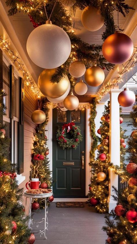 Easy Christmas Porch, Christmas Porch Decor Ideas, Decoration Vitrine, Christmas Decor Inspiration, Christmas Front Porch, Christmas Themes Decorations, Christmas Porch Decor, Front Porch Christmas Decor, Christmas Porch