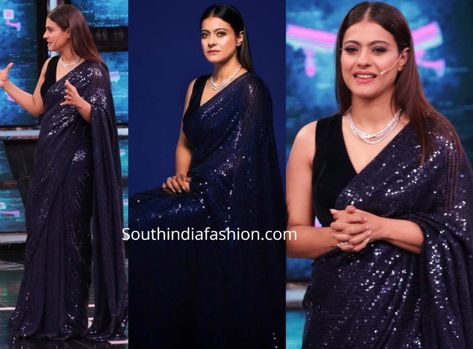 kajol in blue sequin saree by manish malhotra scaled Chickenkari Lehenga, Convocation Saree, Manish Malhotra Sequin Saree, Graduation Saree, Blue Sequin Saree, Velvet Sleeveless Blouse, Cousin Marriage, Indian Women Clothing, Kajol Saree