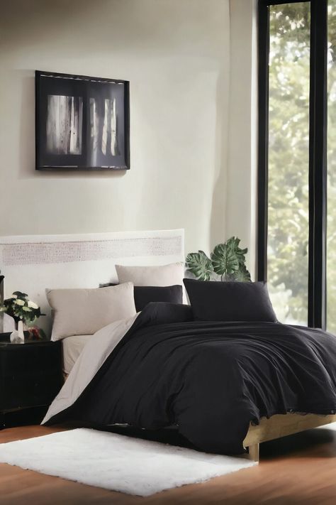 Description: Completely transform the atmosphere of your bedroom with this durable and high-quality double duvet cover set. With elegant black and beige tones, it perfectly complements both modern and classic decors. Thanks to its breathable Akfil fabric, it offers a comfortable and quality sleep experience. The duvet cover set is designed with your comfort and that of your loved ones in mind. Suitable for both double and single beds, explore our Double Duvet Cover Set options and replace your o Black And White Bed Decor, Cream And Black Bedding, Black And Ivory Bedroom, Black Duvet Cover Bedroom, Black And Beige Bedroom, Beige And Black Bedroom, Double Bedding Sets, Black Comforter, Black Duvet