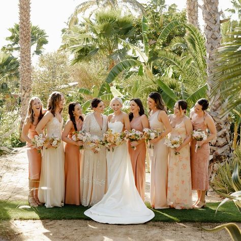 20 Beautiful Peach Bridesmaids' Dresses That Are Perfect for Summer Weddings Mixed Bridesmaid Dresses, Peach Bridesmaid, Peach Bridesmaid Dresses, Summer Bridesmaids, Bridesmaid Dresses Uk, Summer Bridesmaid Dresses, Orange Bridesmaid Dresses, Yellow Bridesmaid Dresses, Yellow Bridesmaids