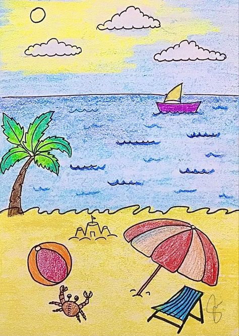 Easy Drawing For Preschoolers, Drawing Scenery For Kids, Summer Scenery Drawing, Simple Scenery Drawing For Kids, Natural Scenery Drawing For Kids, Beach Scenery Drawing, Summer Drawings Easy, Natural Scenery Drawing, Simple Scenery Drawing