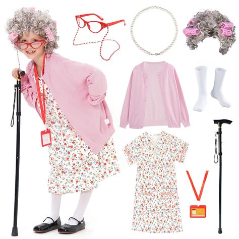 Costume Old Lady, Kids Poodle Skirt, Old Lady Costume For Kids, 100 Days Of School Costume, Old People Costume, Old Lady Halloween Costume, Old Lady Wig, Granny Costume, Old Man Costume