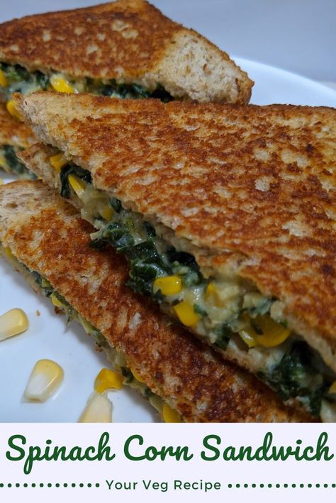 Spinach corn sandwich is a creamy, tasty and healthy sandwich. It is easy to prepare and  it’s a delicious way to eat your greens. #sandwich #spinachrecipes #Spinachcorn #Vegsnacks #Snacks #breakfast #KidsFood #EveningSnacks Corn Sandwich Recipe Video, Cheese Corn Sandwich, Healthy Mcchicken Sandwich, Tuna And Sweet Corn Sandwich, Spinach And Corn Sandwich, Veg Breakfast Recipes Indian, Egg Breakfast Recipes Easy, Breakfast Recipes Kids, Breakfast Recipes Easy Quick