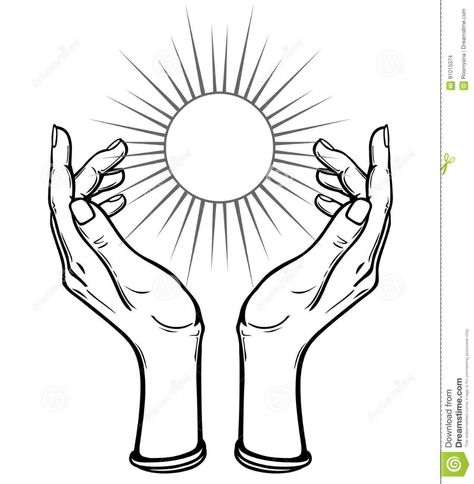 Hands Holding Eye Tattoo, Open Hands Tattoo Design, Hands Holding Something Tattoo, Hands Holding Sun Tattoo, Magic Hands Tattoo, Giving Hands Drawing, Two Hands Holding Something, Humanity Symbol, Tattoo Of Hands Holding Something