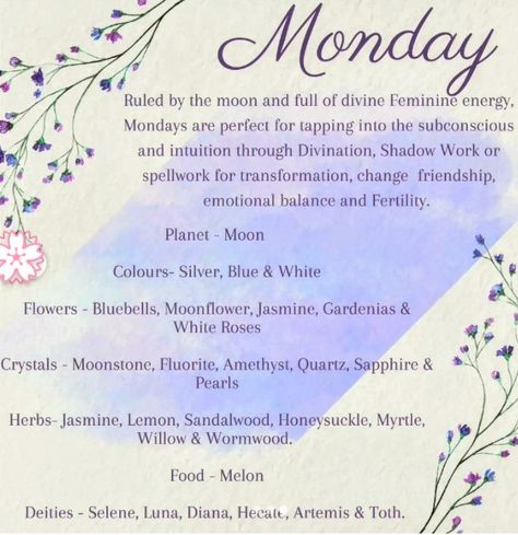 Monday Magickal Correspondences, Monday Correspondences, Magickal Correspondences, Wiccan Spell Book, Witch Craft, Witchy Stuff, Wiccan Spells, Psychic Abilities, Spell Book