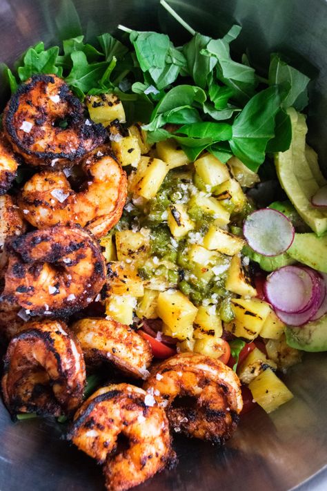 Spicy Grilled Shrimp Salad With Jalapeno Lime Vinaigrette, Shrimp Pineapple Salad, Bbq Shrimp Salad, Grilled Shrimp Bowl, Grilled Shrimp Salad Recipes, Shrimp Salads, Spicy Shrimp Salad, Summer Shrimp Recipes, Shrimp Grilled