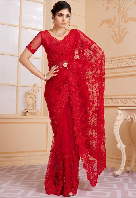 Indian Outfits Saree, Red Net Saree, Outfits For Diwali, Red Saree Look, Net Saree Blouse Designs, Net Saree Blouse, Red Saree Wedding, Red Saree Blouse, Contemporary Saree