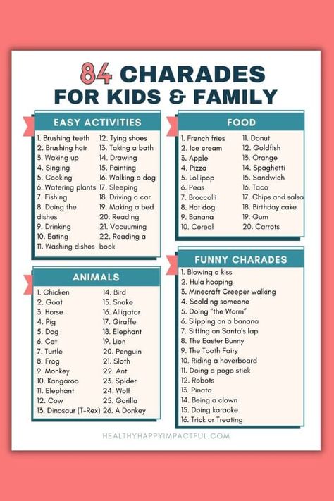 Birthday Party Charades, Charades Ideas Movies, How To Play Charades, Charades Ideas Funny Family, Pictionary Words List Printables Funny, Kids Charades Ideas, Charades For Teens, Pictionary Ideas For Kids, Words For Charades