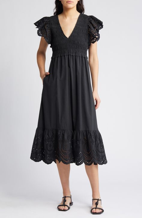 Rails Clementine Eyelet Smocked Cotton Blend Midi Dress available at #Nordstrom Embroidered Trim, Tier Skirt, Tiered Skirt, Nordstrom Dresses, Spring Summer Fashion, Smocking, Bodice, Fashion Dresses, Summer Fashion