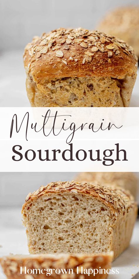 This multigrain sourdough bread is hearty and delicious and makes a great bread for sandwiches. It's soft, and moist for days, and without commercial yeast. The whole grains add a great texture and flavor and nutritional benefits. Multigrain Sourdough Sandwich Bread, Multigrain Sourdough Bread Recipe, Multigrain Sandwich Bread, Multigrain Sourdough Bread, Bread For Sandwiches, Multigrain Bread Recipe, Sourdough Sandwich Bread Recipe, Stuffed Breads, Recipe Using Sourdough Starter