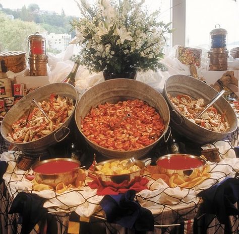 galvanized tins, seafood display Seafood Dinner Party, Seafood Boil Party, Crawfish Boil Party, Wedding Buffet Food, Seafood Party, Table Presentation, Seafood Buffet, Oyster Roast, Country Boil