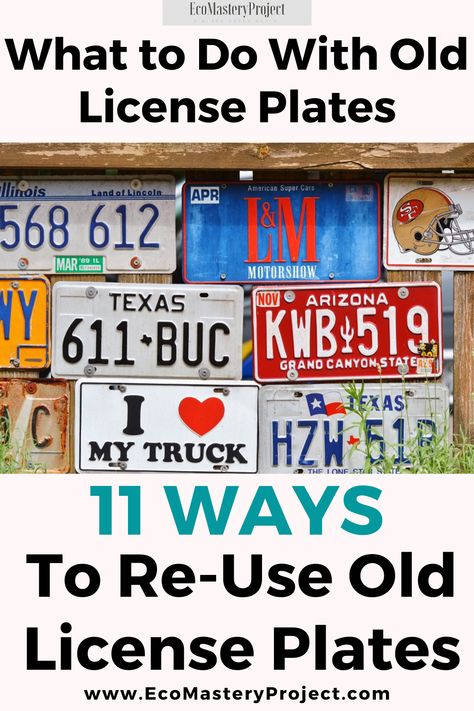 There are many ways that you can recycle old license plates, but here's a few ideas for your next project. Use them as coasters in the kitchen or dining room table! If you're looking for something more rustic, try using them as place cards on an outdoor dinner party. A great way to add some glamor and personality is by turning it into a wine glass holder with flowers inside of it! You could also use one as part of your holiday decorations this year. Find out how easy these projects are below! Projects Using Old License Plates, Things To Do With License Plates, Things To Do With Old License Plates, Projects With License Plates, Used License Plate Ideas, How To Hang License Plates On The Wall, License Plate Craft Ideas, Repurpose License Plates Diy, Old License Plate Ideas Diy