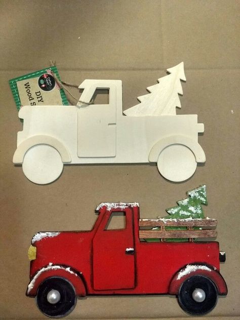 Diy Red Truck Decor, Truck Crafts, Plywood Projects, Dollar Tree Christmas, Diy Dollar Tree Decor, Dollar Tree Diy Crafts, Christmas Wood Crafts, Diy Dollar Store Crafts, Holiday Crafts Christmas