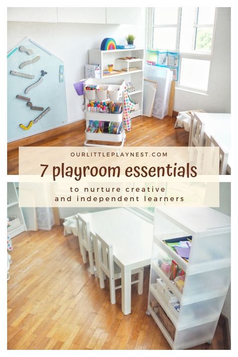 Play Area In Basement Small Spaces, Playroom Ideas Age 6, Play Space Living Room, Playroom With Trampoline, Futon In Playroom, Art Corner Playroom, Playroom Ideas Gender Neutral, Small House Playroom Ideas, Toy Storage Wall Ideas