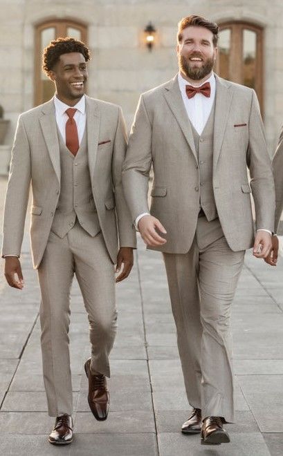 Taupe Wedding Suit, Beige Tuxedo, Groomsmen Attire Taupe, Tan Wedding Tuxedo Groom Attire, Taupe Suits Wedding Men, Wedding Tuxedo For Men Tan, Oatmeal Groomsmen Suits, Light Tan Groomsmen Suits, Taupe Groomsmen Attire