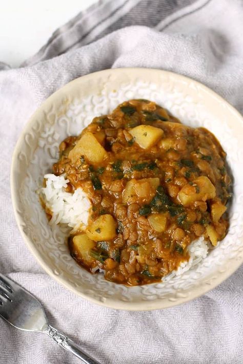 Lentil Potato Curry, Lentil Potato, Vegan Curry Recipes, India Inspired, Veg Dishes, African Recipes, Hearty Meal, Potato Curry, Gluten Free Recipes For Dinner