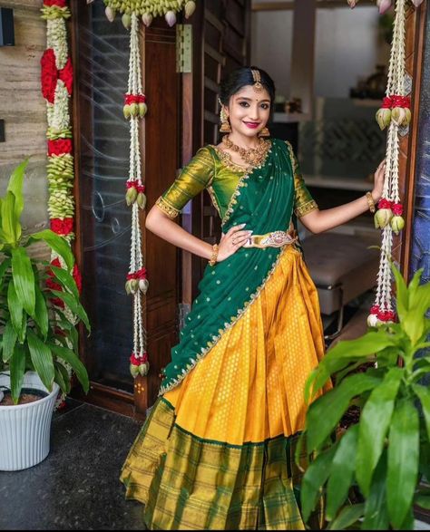 Halfsarees Designer Latest, Saree For Mehendi Function, Haldi Saree Indian Bridal, Half Saree Poses Photoshoot Ideas, Modern Half Saree, Half Saree Poses, Traditional Half Saree Designs, Saree Engagement, Puberty Function