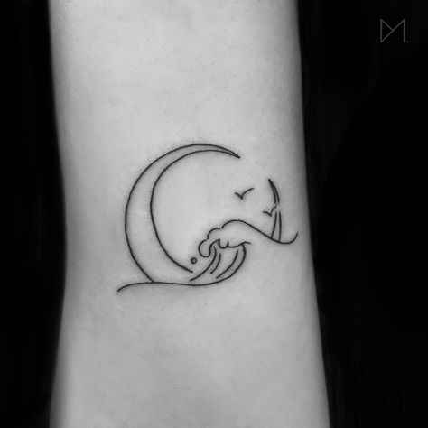 Moon, Wave & Birds Linework Tattoo Wave And Bird Tattoo, Moon With Birds Tattoo, Crescent Moon Wave Tattoo, Moon And Bird Tattoo, Ocean And Moon Tattoo, Moon Ocean Tattoo, Moon Tattoo Forearm, Wave And Moon Tattoo, Moon And Waves Tattoo