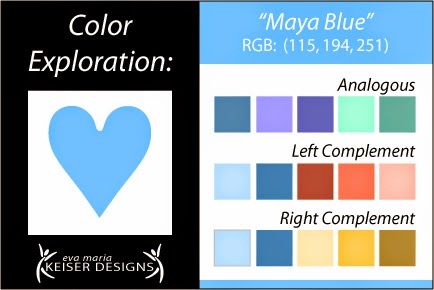 Explore Color: Maya Blue - Eva Maria Keiser Designs Color Exploration, Dark Sea Green, Alice Blue, Dim Gray, Colour Theory, Pale Turquoise, Skin Colors, Color Meanings, Color Harmony